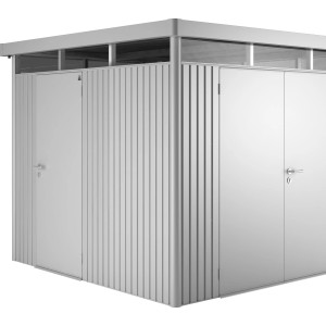 Biohort Zusatztür HighLine in Silber für Gartenhäuser, mit Griff und Schloss.