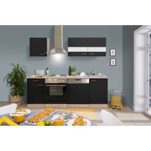 Respekta Küchenzeile KB220ESS in Schwarz und Eiche Sägerau Nachbildung mit E-Geräten.