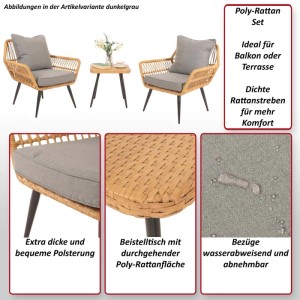 Hellgraue Poly-Rattan Garnitur: 2 Stühle und 1 Tisch für Balkon oder Terrasse.