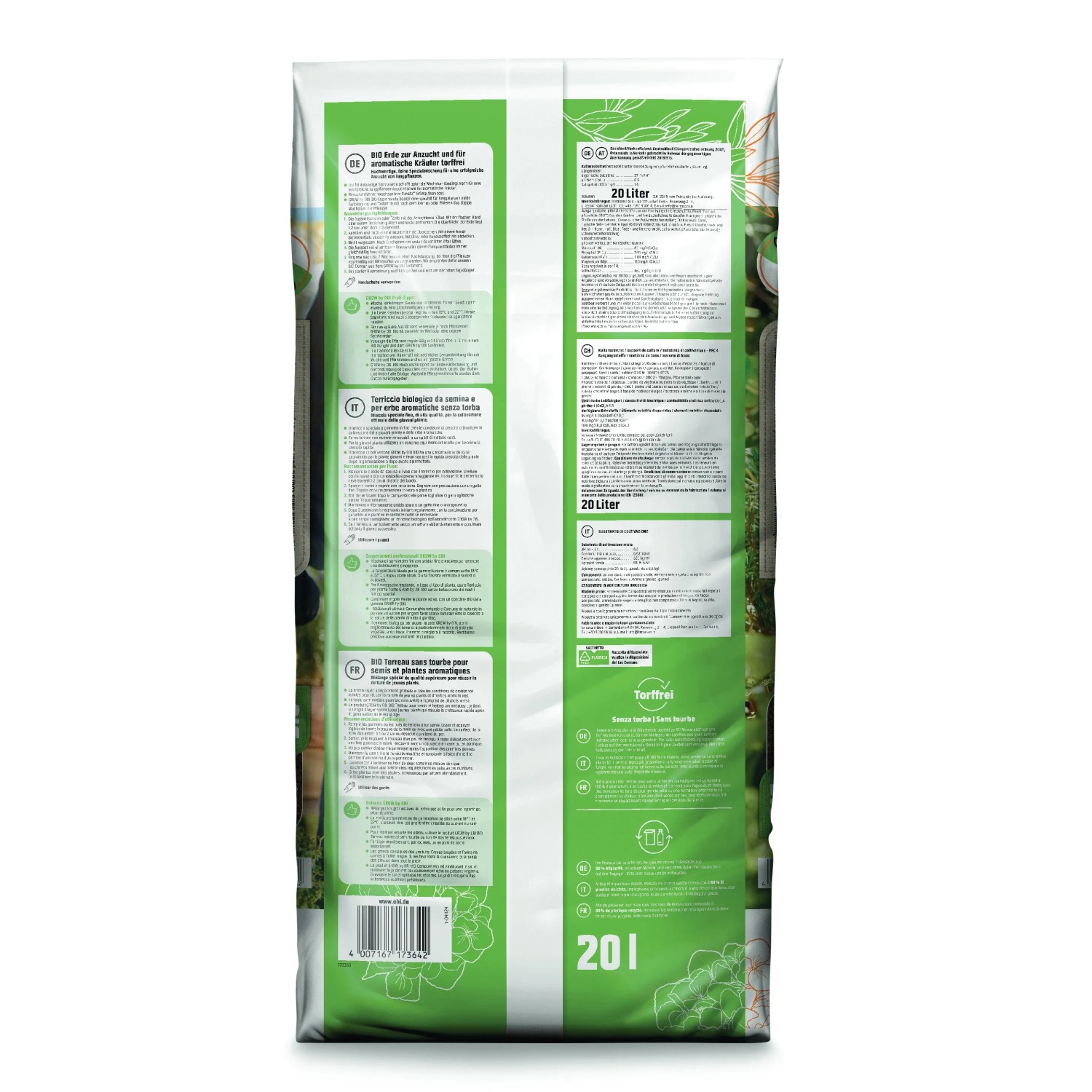 GROW by OBI Anzucht- und Kräutererde, 20 l, torffrei, Sackrückseite mit Produktinformationen.