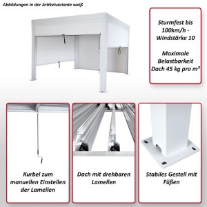 MCW Pergola L46 mit Seitenwand, anthrazitfarbenes Alu-Gestell, 3x4m. Detailaufnahmen von Lamellen, Kurbel und Gestell.