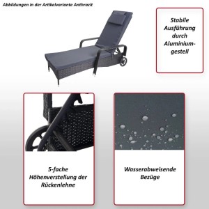 Anthrazitfarbene Poly-Rattan Sonnenliege Cesena mit hellgrünen Kissen.