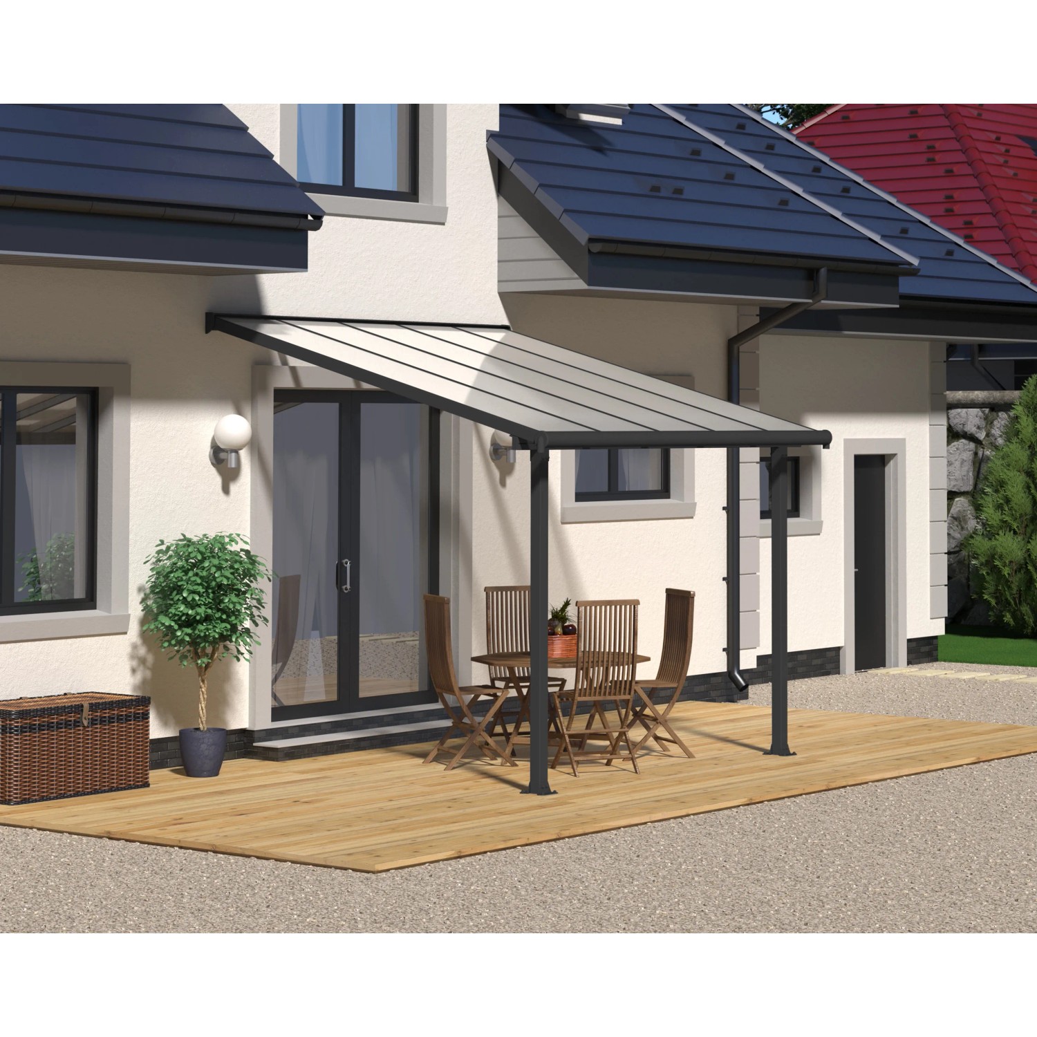 Palram Canopia Olympia Terrassenüberdachung 3x3.1m, Anthrazit, klare Doppelstegplatten. Geschützter Terrassenbereich.