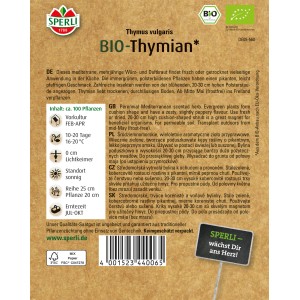 Samenpackung Sperli Bio Thymian: aromatisches Heil- und Würzkraut für sonnige Standorte.