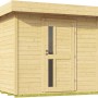 Unbehandeltes Weka Holz-Gartenhaus Designhaus 172 mit Flachdach und Tür mit Glaseinsatz.