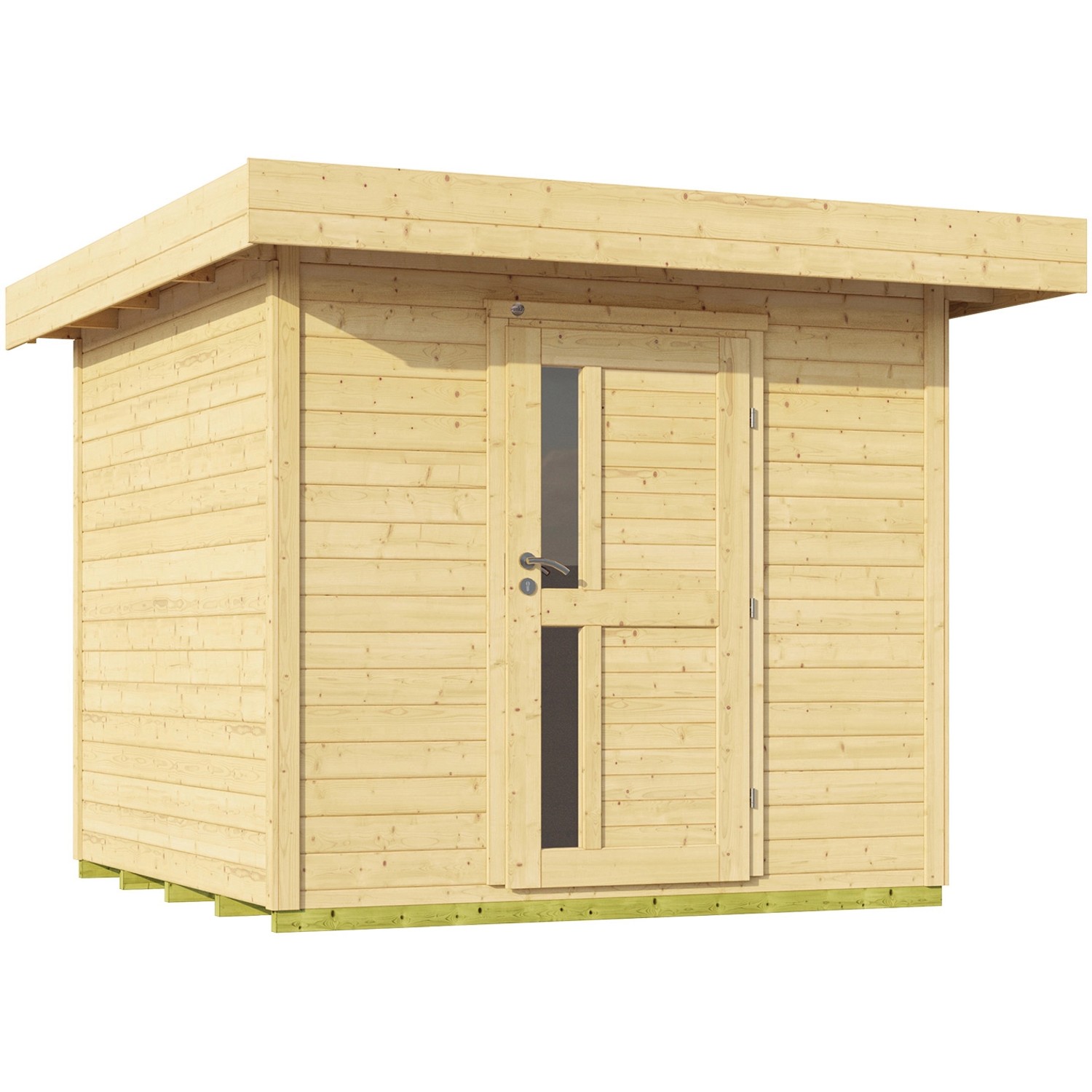Unbehandeltes Weka Holz-Gartenhaus Designhaus 172 mit Flachdach und Tür mit Glaseinsatz.