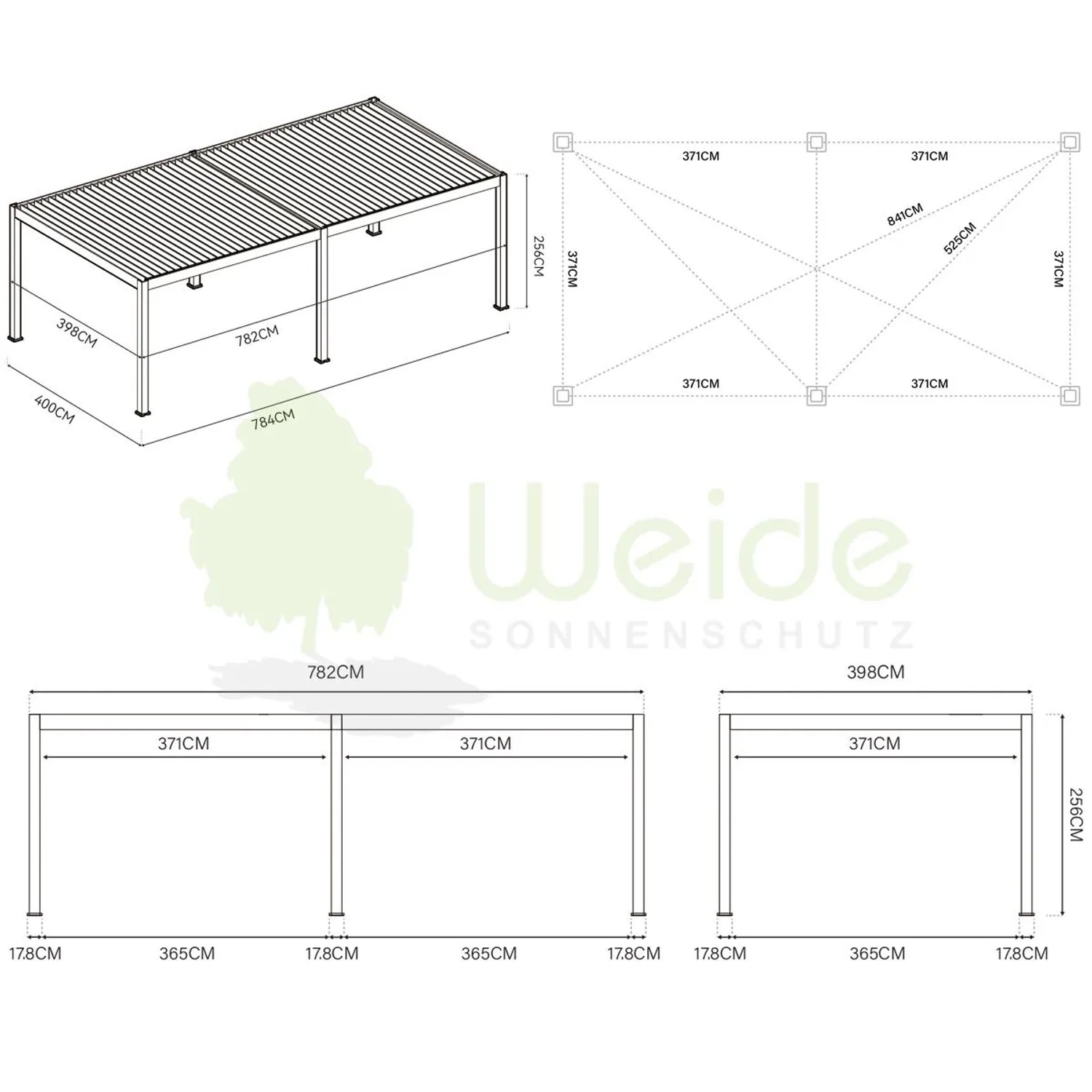 Technische Zeichnung der Weide Deluxe Plus Aluminium-Terrassenüberdachung mit elektrischem Lamellendach, 4x8m.