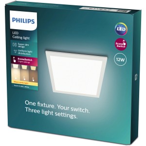 Verpackung der quadratischen Philips LED-Deckenleuchte Touch SceneSwitch, 12W, Weiß.