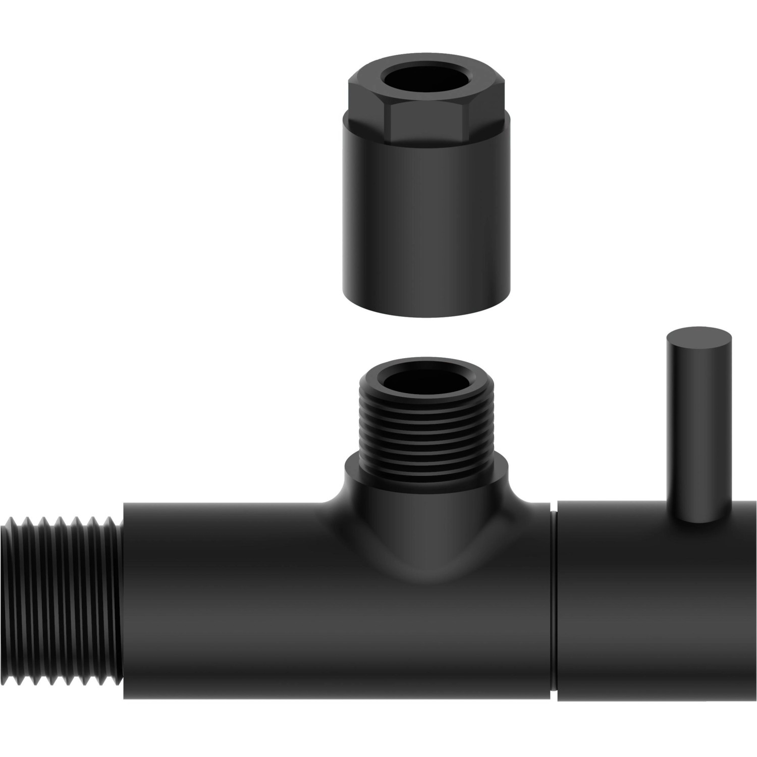 Schwarzes, mattes Kirchhoff Universal Eckventil für Kalt- und Warmwasserleitungen mit Zubehör.