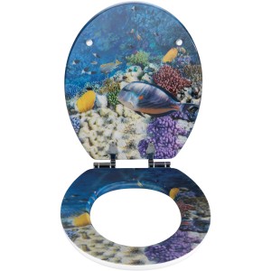 Wenko WC-Sitz Fish mit 3D-Effekt, MDF, Absenkautomatik, mehrfarbig mit Unterwasserwelt-Motiv.