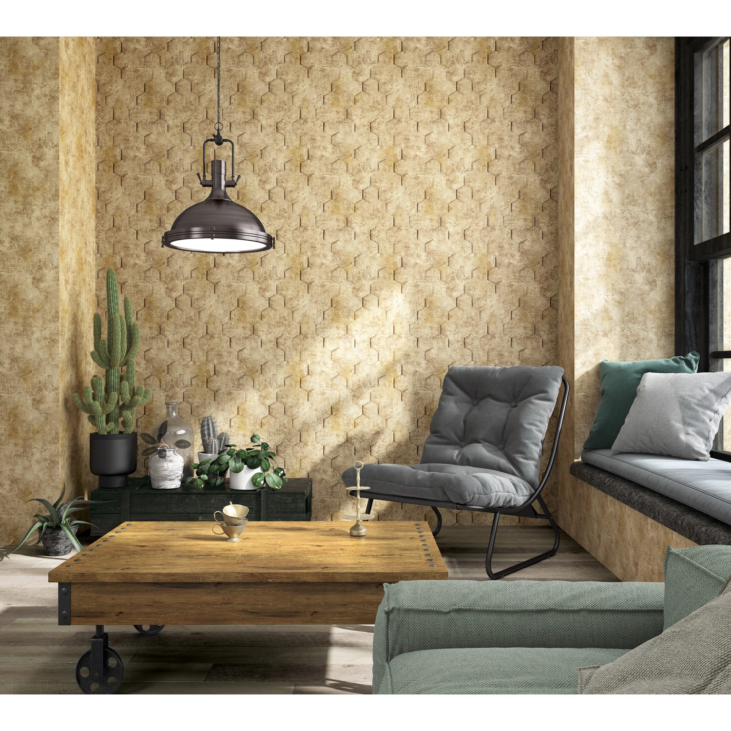 Wohnraum mit braun-gelber Marburg Vliestapete Struktur Modern FSC® an der Wand.