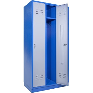 Güde Garderobenschrank TYP GS 3, grau-blau, mit geöffneter Tür, Fachboden und Kleiderbügelleiste.