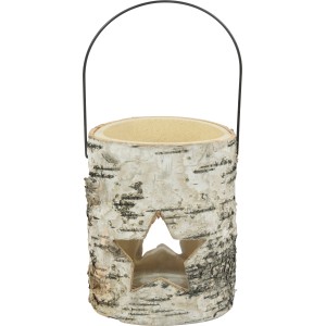 Kerzenglas aus Holz mit Stern-Ausschnitt, Teil der Weihnachtsdekoration.