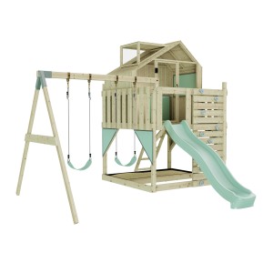 Mintgrüne PolarPlay Kinderschaukel Lasse mit Spielhaus, Rutsche und Kletterwand.