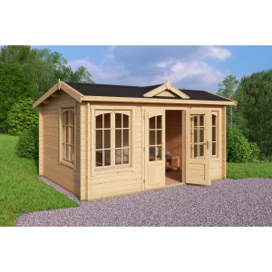 Lasita Maja Gartenhaus Windsor 44 aus Holz, naturbelassen, mit Doppeltür und Fenstern.