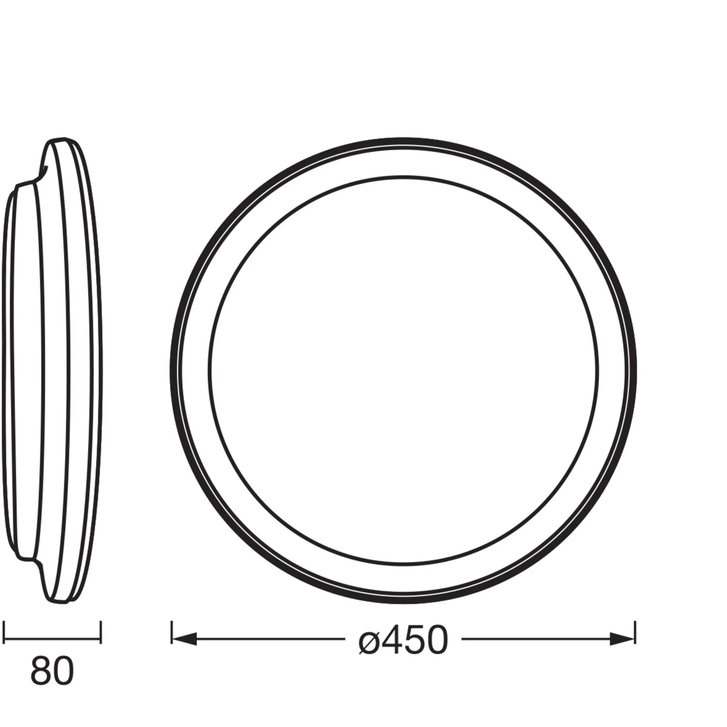 Ledvance LED-Deckenleuchte Orbis Pederson, weiße Deckenlampe, Durchmesser 45 cm, technische Zeichnung.