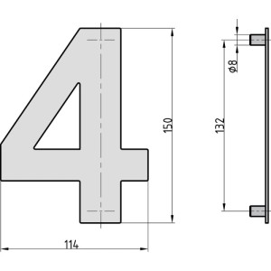 Technische Zeichnung: Basi Hausnummer 4 aus Edelstahl, Maße 150 x 114 mm.