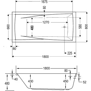 Skizze der Ottofond Atlanta Whirlpool-Badewanne, 180x80 cm, mit Maßangaben.