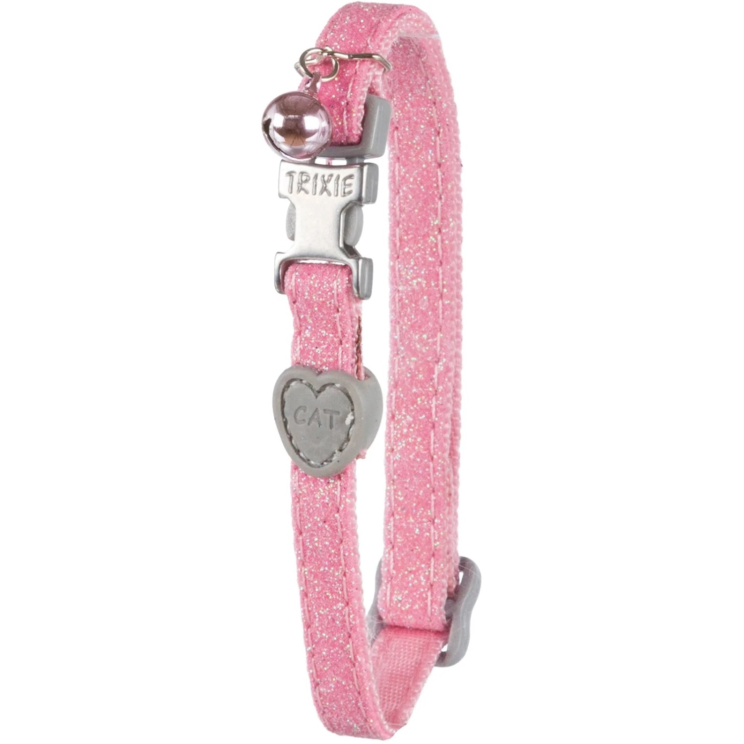 Rosa Trixie Katzenhalsband aus Nylon mit Glöckchen und Herzanhänger.