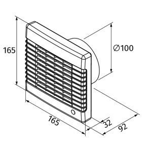 Technische Zeichnung Badventilator System Ø 100 mm mit Jalousie und Nachlaufzeit.
