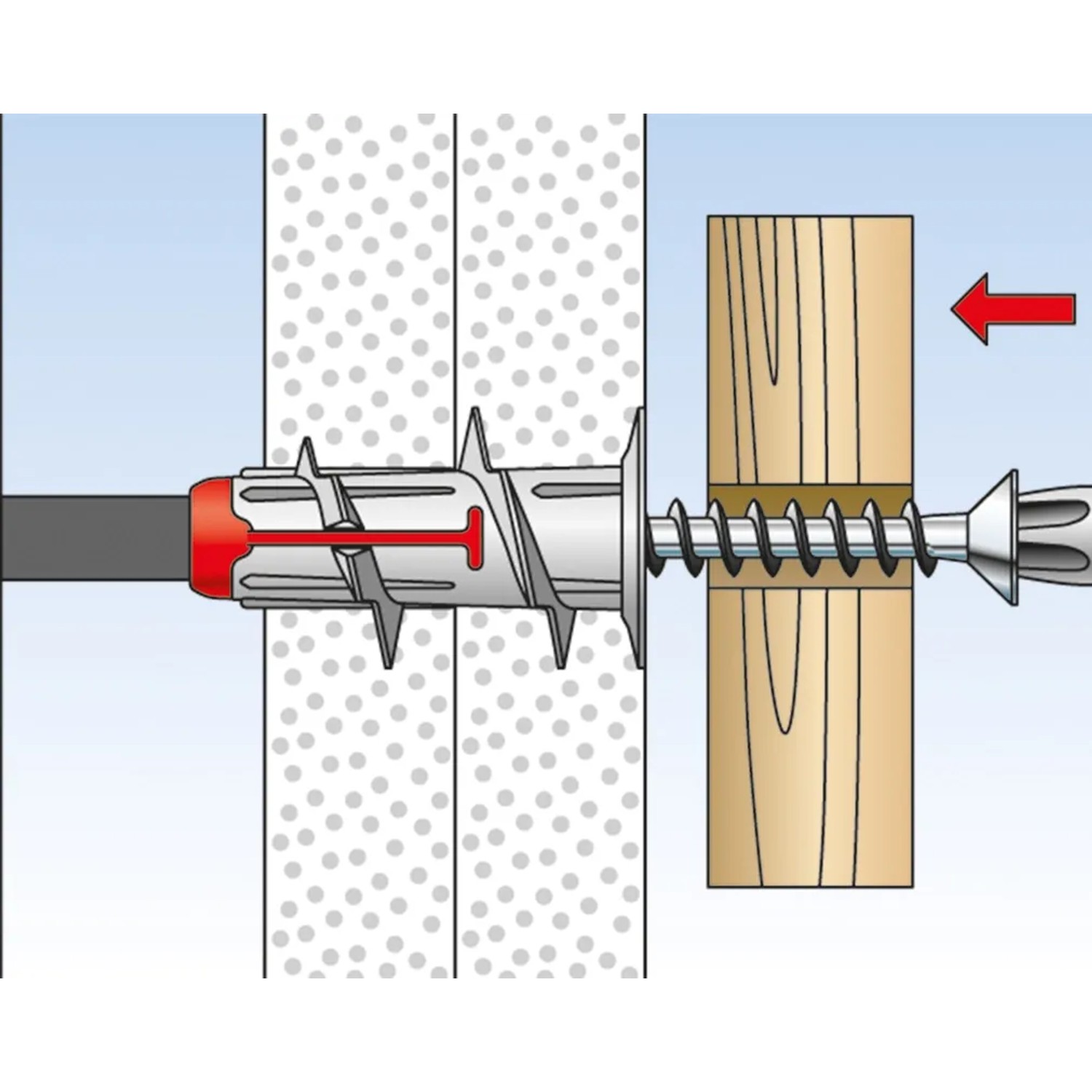 Illustration: Fischer Duoblade Gipskartondübel in Gipskartonwand mit Schraube in Holzstück.