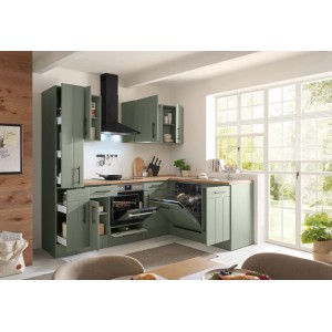 Respekta Winkelküche Anton Landhaus Schilfgrün 250 cm mit Einbau Herd-Set