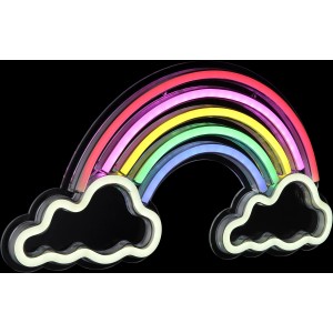 Globo Neon-Wandlampe in Regenbogenform mit weißen Wolken, 40x20 cm.
