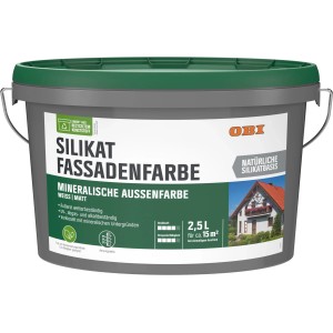 Eimer OBI Silikat Fassadenweiss, matte Fassadenfarbe für mineralische Untergründe, 2,5 l.