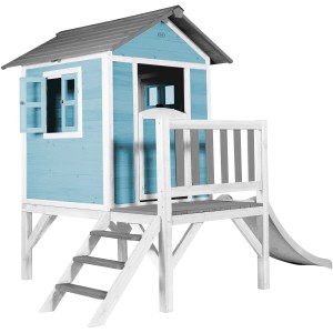 Axi Lodge XL Spielhaus in Karibischem Blau mit Rutsche, Treppe und Veranda.