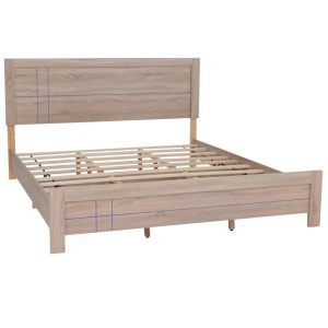 King Size Bett 180x200 cm in Sonoma Eiche Optik mit Lattenrost und blauem Glitzerlinien-Design.