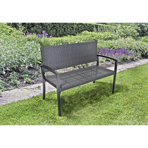 Schwarze 2-Sitzer Parkbank Sanremo aus Polyrattan und Aluminium im Garten.
