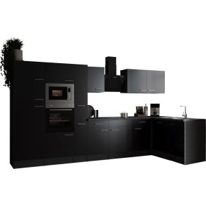 Schwarze Respekta Winkelküche Oliver, 370 cm, mit Elektrogeräten und Spüle.