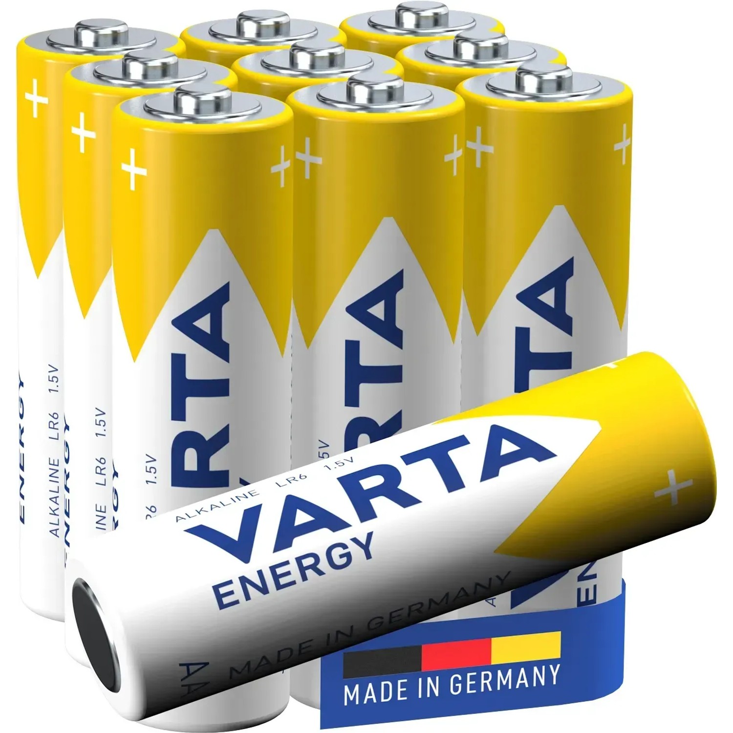 10er-Pack Varta Energy Mignon AA Batterien, gelb-weiß, mit Made in Germany Siegel.