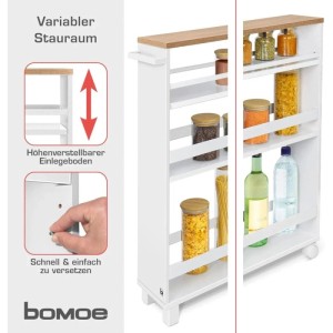 Bomoe Nischenregal Hylla, 15cm breit, weiß/Eiche, mit Rollen und 3 Regalböden, gefüllt mit Vorräten.