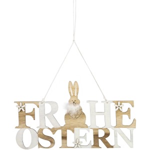Holzschild "Frohe Ostern" in Weiß-Braun mit Hasen-Motiv als Osterdeko.