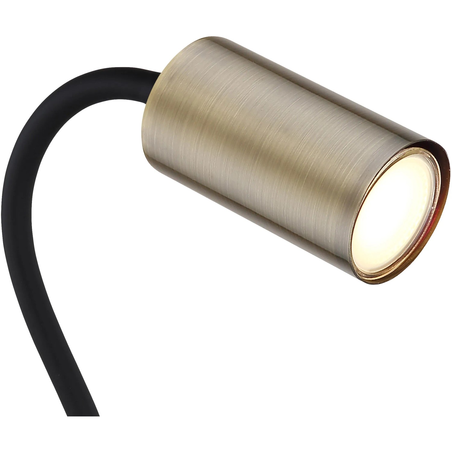 Schwarze Globo Klemmleuchte Robby mit Flexarm und altmessingfarbenem Lampenkopf.