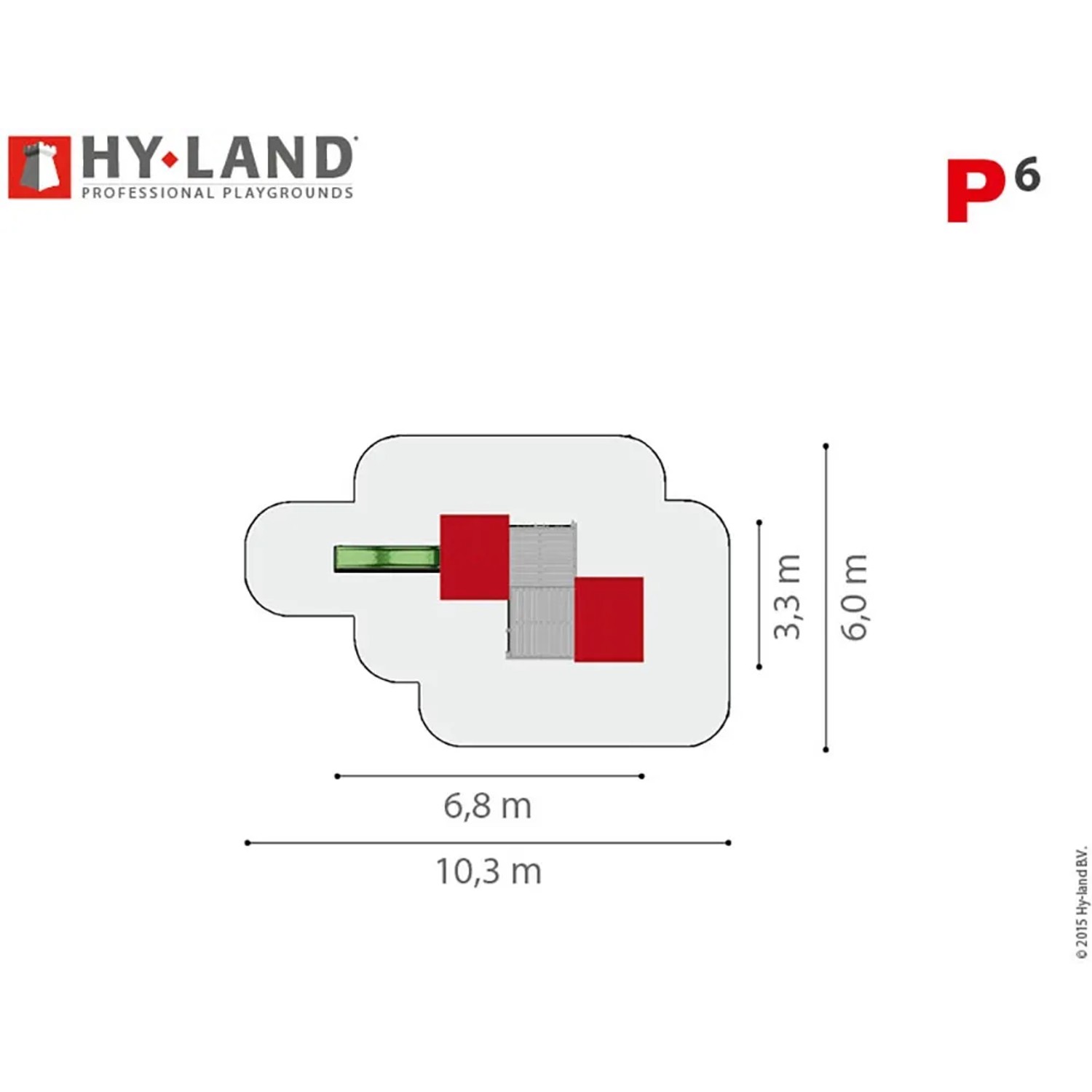 Draufsicht Hy-Land Spielgerät P6 mit Rutsche: Maße 10,3 x 6 m, Plattformen, Sandkästen. Ideal für Spieltürme.