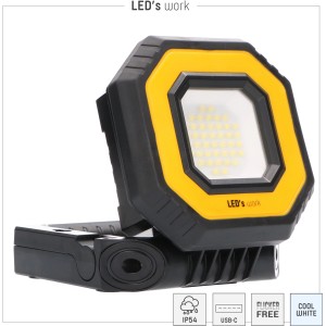 Zusammenklappbare LED-Akku-Arbeitsleuchte, 7W, gelb/schwarz, mit USB-Anschluss. Ideal für Baustelle und Werkstatt.