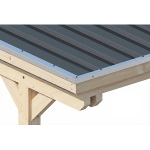 Detail des Skan Holz Carport Emsland Flachdachs: Naturfarbenes Leimholz, anthrazitfarbene Stahl-Dachplatten, Alu-Kante.