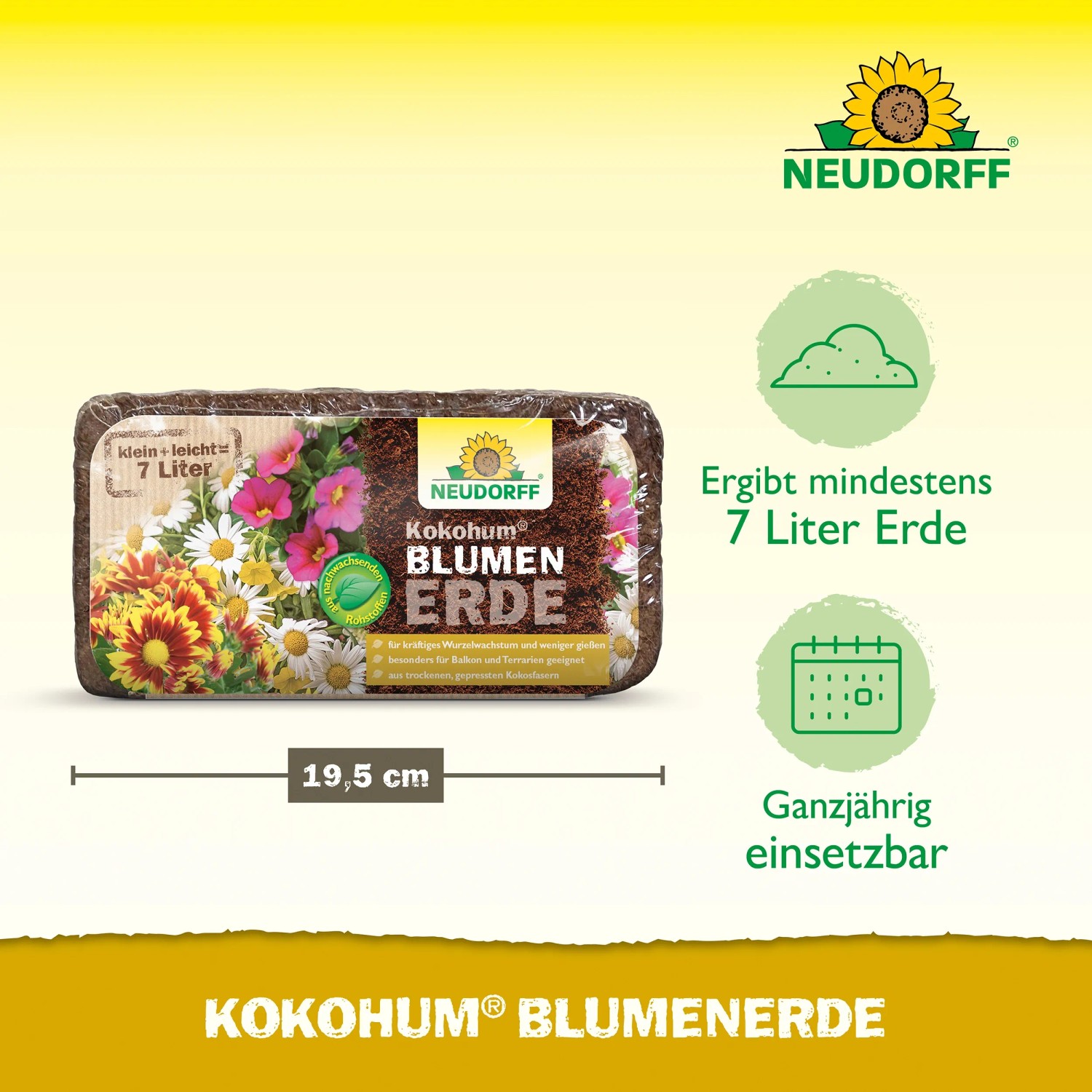 Neudorff Kokohum Blumenerde Brikett, 7 l, torffreie Kokoserde für Blumen und Aussaaten.