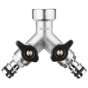 Geka Plus Zweiwegeventil aus Messing mit Stecksystem und Innengewinde (26,44 mm) für Gartenbewässerung.