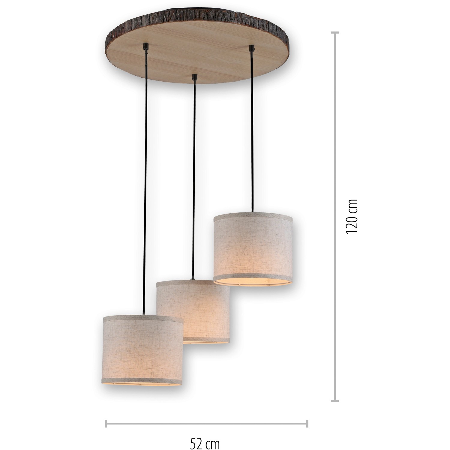Just Light Pendelleuchte Bark mit drei beigen Lampenschirmen und Holzdekor, 52x120 cm.
