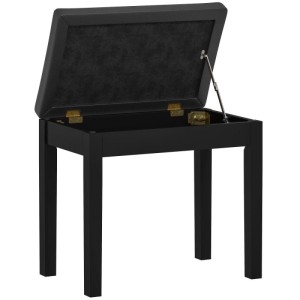 Schwarze HOMCOM Klavierbank aus Gummiholz mit Kunstlederbezug und offenem Stauraum. Eleganter Hocker.