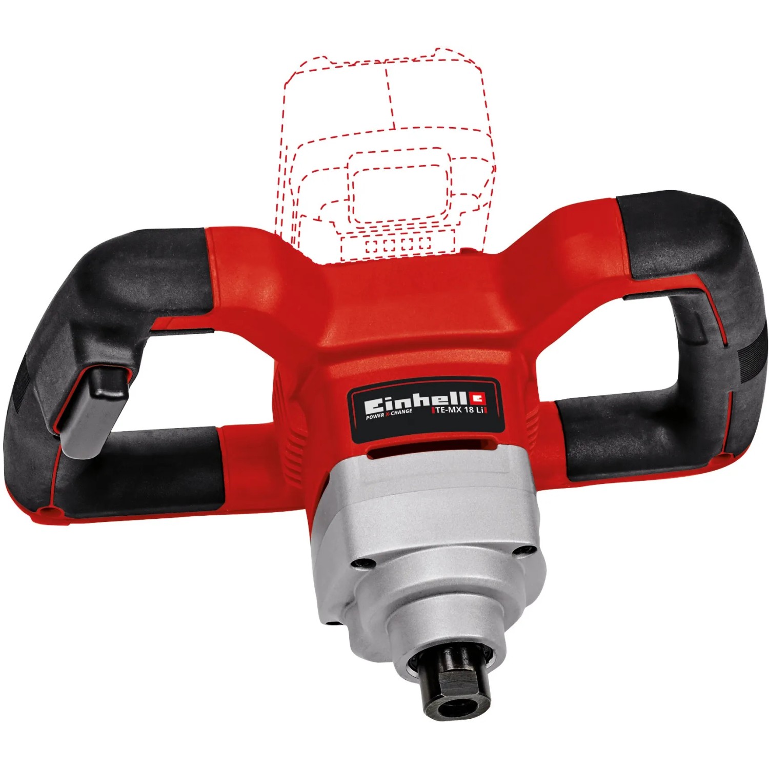Einhell Akku-Farbmörtelrührer TE-MX 18 Li (ohne Akku) in Rot und Silber, mit Griffbügel.