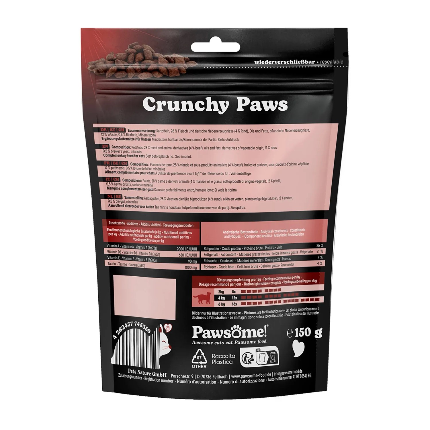 Pawsome Crunchy Paws Rind, 150g Katzenleckerli im wiederverschließbaren Beutel.