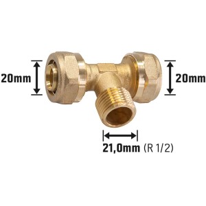 Messing Klemmring T-Stück, 20 mm x 21 mm (R 1/2) für Heizungs- und Trinkwasserleitungen.