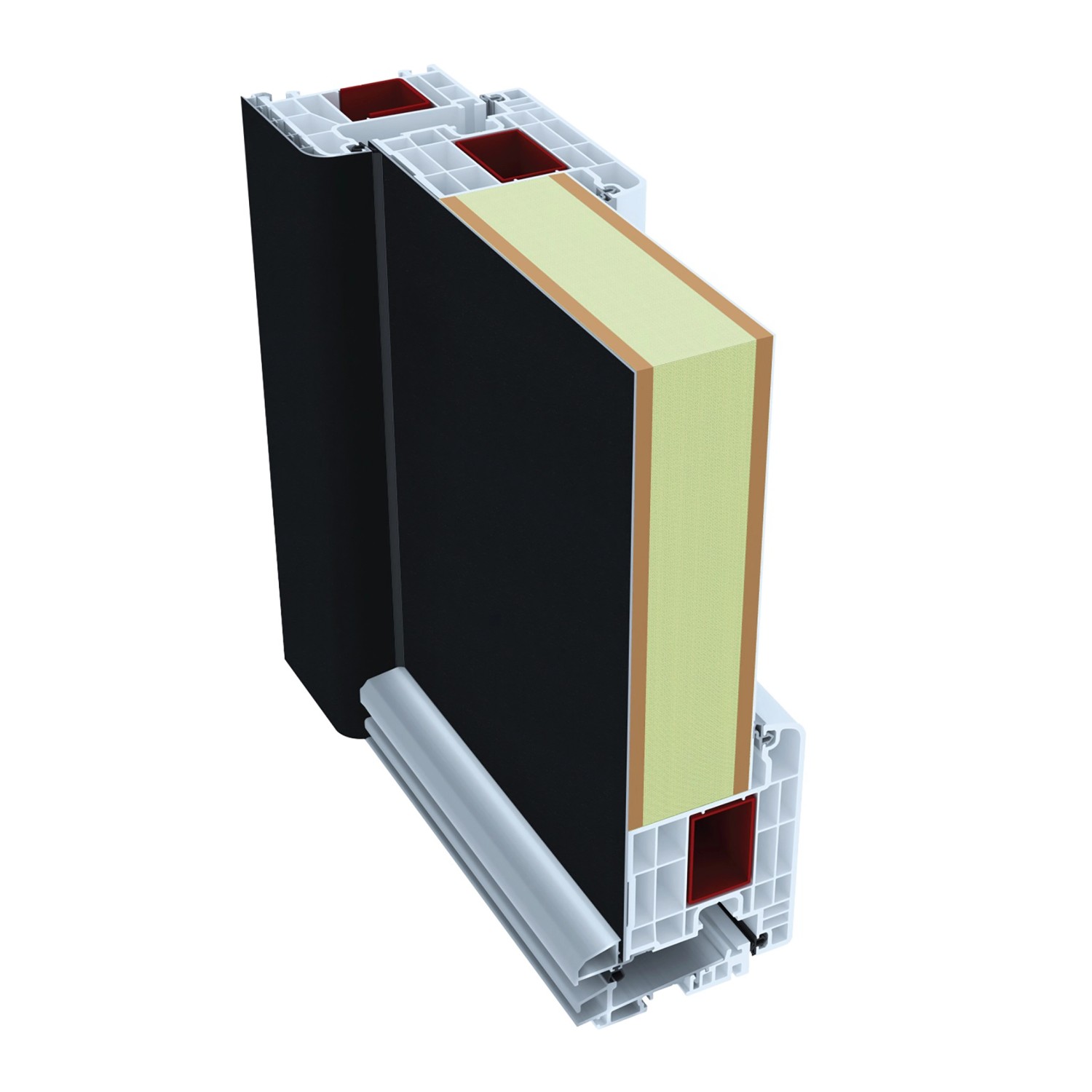 Querschnitt Premium Kunststoff-Haustür: Anthrazit-weiß, Stahlarmierung, Mehrkammer-System für hohe Wärmedämmung.