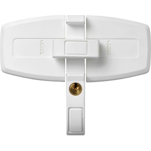 Weißes Abus Doppelflügel-Schloss DFS95 für Fenster mit Mittelsteg.