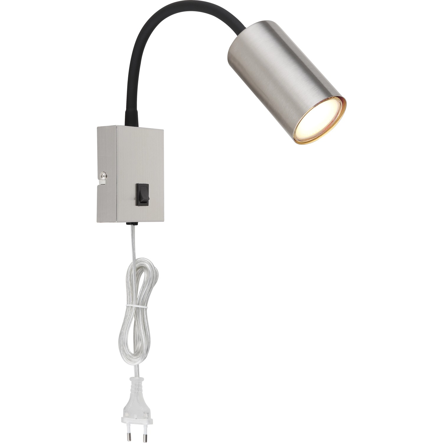 Nickel-matte Globo Wandlampe Robby, 1-flammig, mit Flexarm und Schalter.