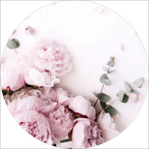 Rundes Glasbild mit zarten, rosa Blumen (Pink Flowers II, 30x30 cm).